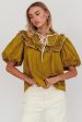 Remarkable Puff Sleeve Tied Neck Top Olive For Cheap