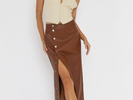 Angelica Button-Up Faux Leather Midi Skirt Brown For Cheap