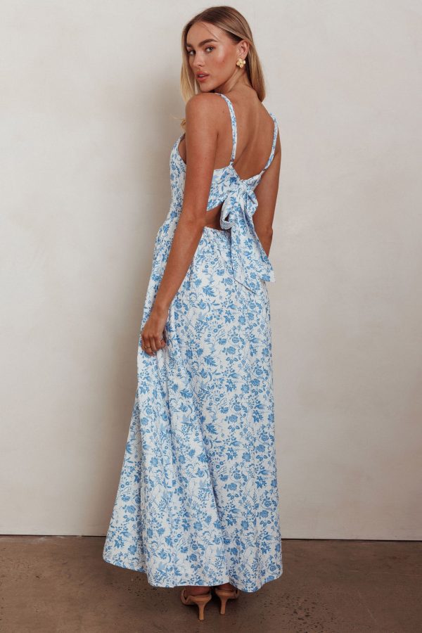 Enchanted Leaf Floral Print A-Line Maxi Dress Blue Fashion