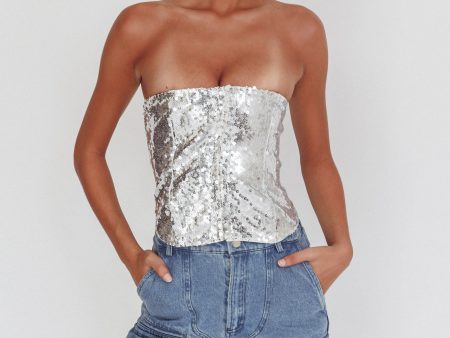 Belgium Strapless Lace-Up Back Top Sequin Silver For Discount