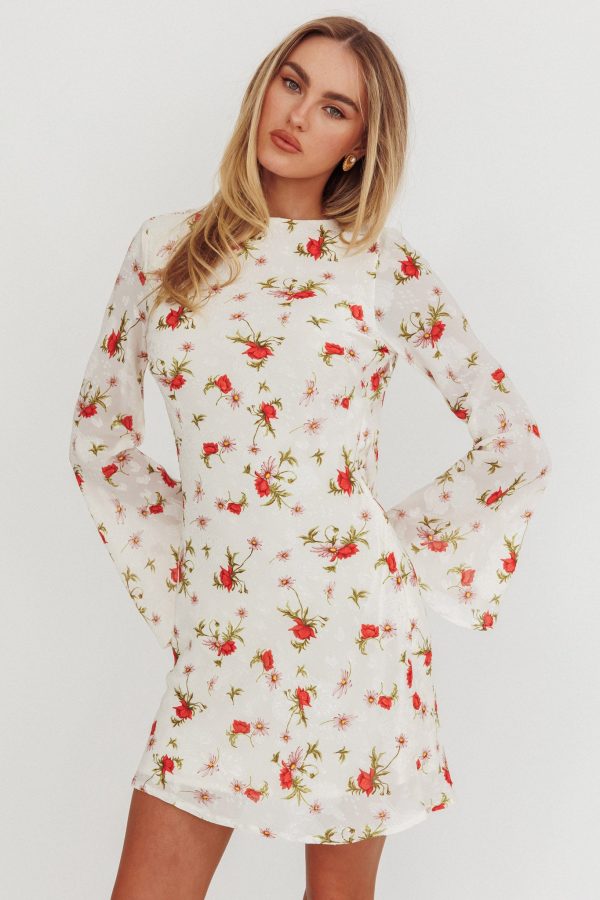 Thriller Long Sleeve Backless Mini Dress Floral White Online Sale