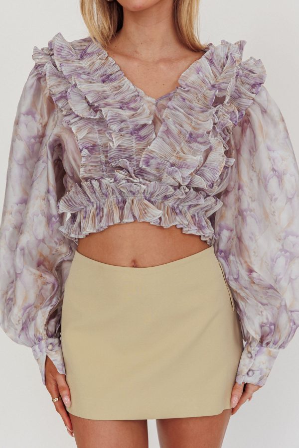 Forever Young Balloon Sleeves Cropped Blouse Purple Multi Fashion