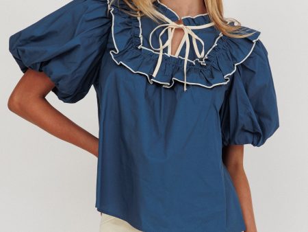 Remarkable Puff Sleeve Tied Neck Top Teal For Sale