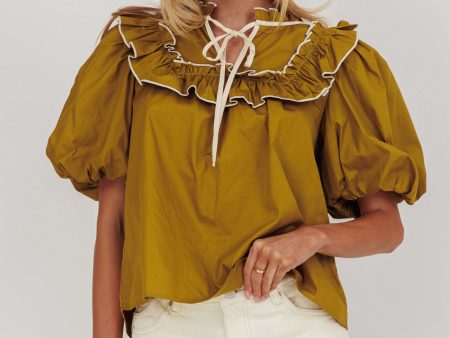 Remarkable Puff Sleeve Tied Neck Top Olive For Cheap