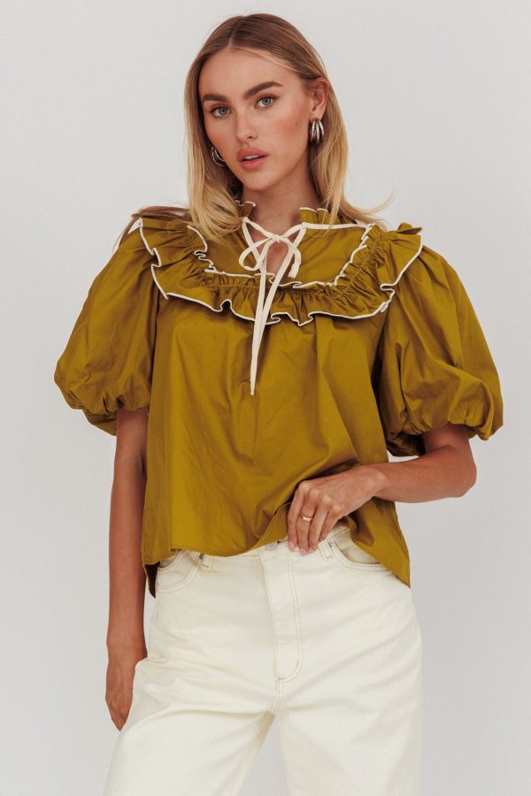 Remarkable Puff Sleeve Tied Neck Top Olive For Cheap