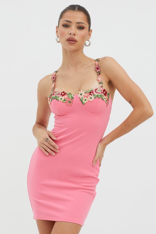 Rose Garden Floral Applique Bodycon Mini Dress Hot Pink Supply