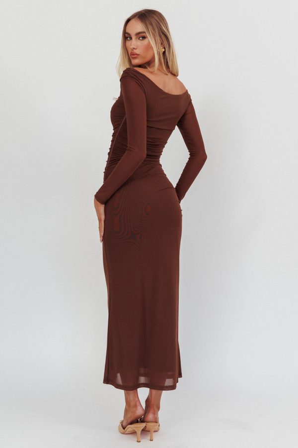 In Blooms Off Shoulder Mesh Maxi Dress Chocolate Cheap