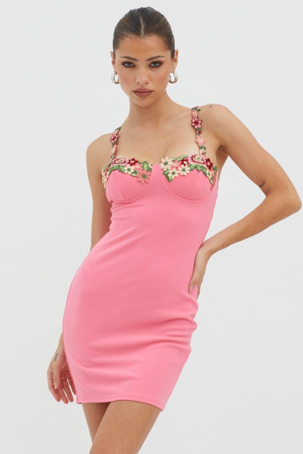 Rose Garden Floral Applique Bodycon Mini Dress Hot Pink Supply