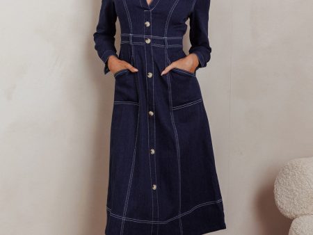 Aspen Love Front Pocket Long Sleeve Midi Dress Indigo For Sale