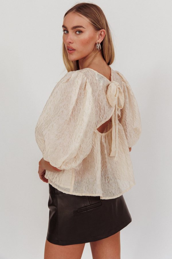 Beside You Puff Sleeves Tied Back Top Cream Fashion