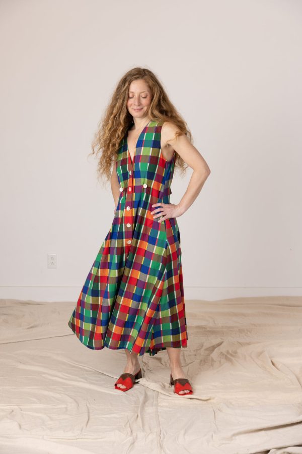 Sleeveless Baroness  Dress - Rainbow Grid Cotton Cheap