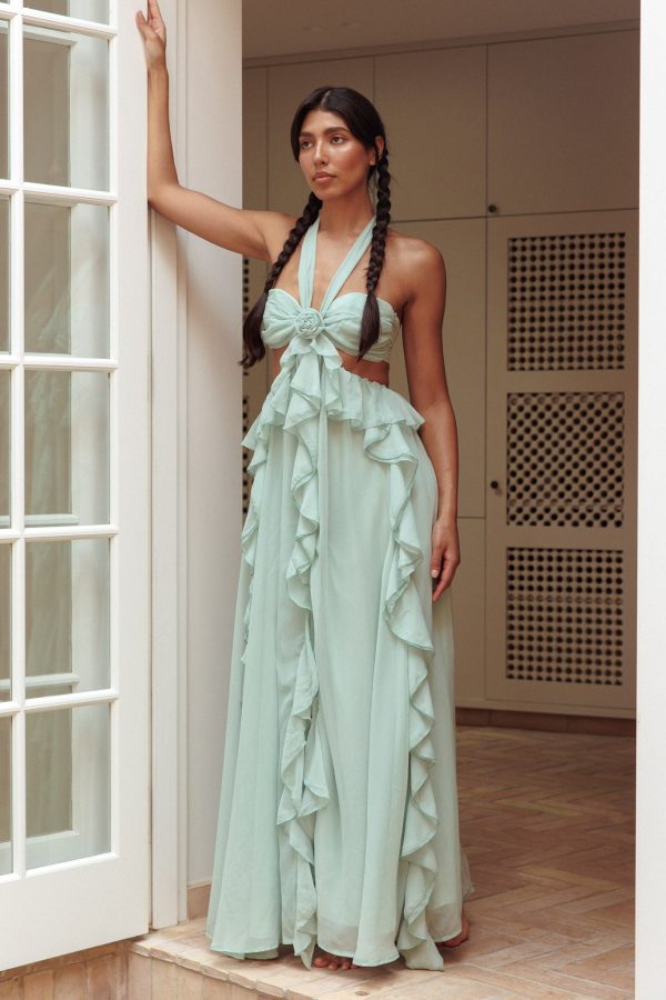 Santiago Cut-Out Ruffle Maxi Dress Sage For Discount