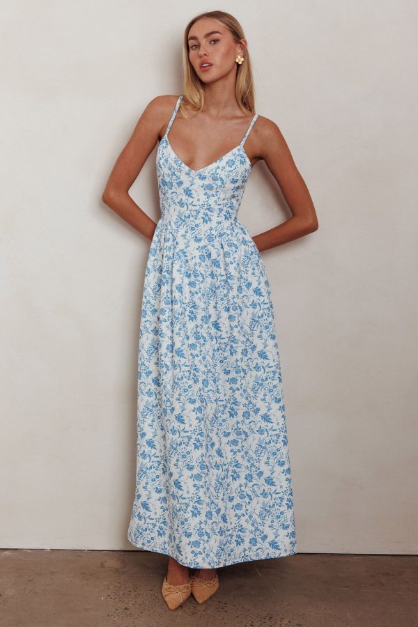 Enchanted Leaf Floral Print A-Line Maxi Dress Blue Fashion