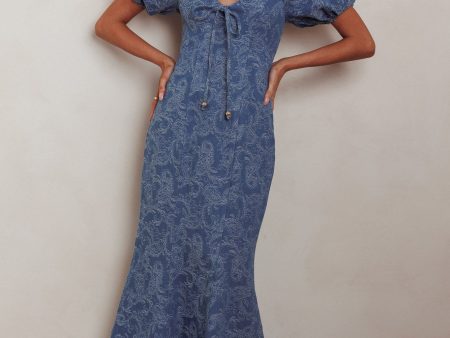 Feeling Electric Puff Sleeves Mermaid Maxi Dress Denim Blue Supply