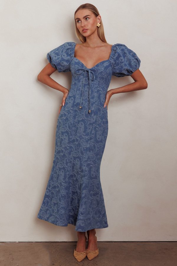 Feeling Electric Puff Sleeves Mermaid Maxi Dress Denim Blue Supply