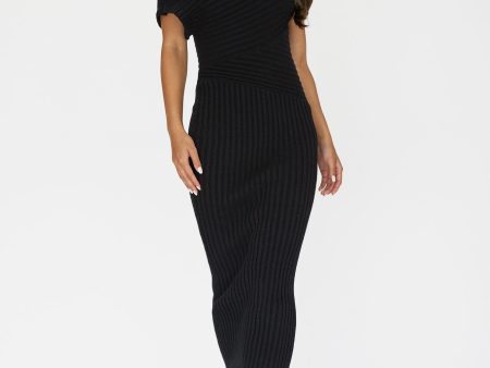 Kaelyn Asymmetric Neck Knit Maxi Dress Black For Cheap