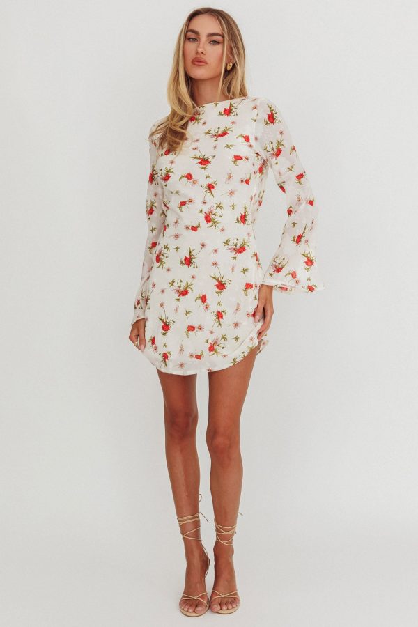 Thriller Long Sleeve Backless Mini Dress Floral White Online Sale