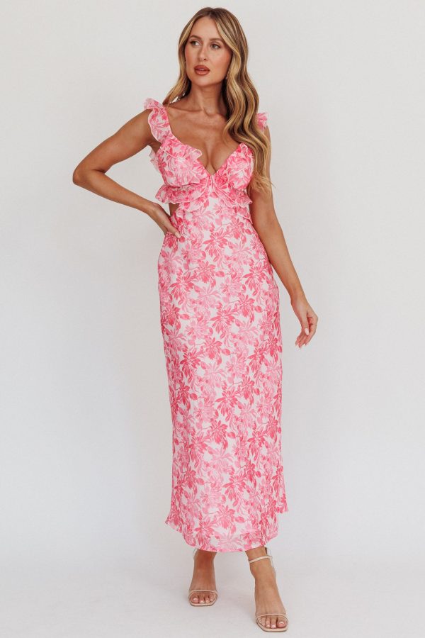 Second Chances Ruffle Trim Maxi Dress Floral Pink For Discount