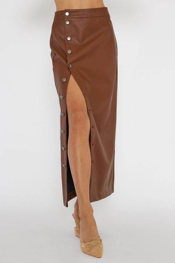 Angelica Button-Up Faux Leather Midi Skirt Brown For Cheap