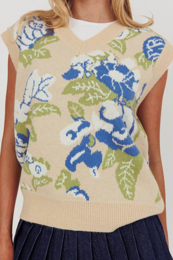 Crushing On You Sleeveless Floral Sweater Vest Taupe Hot on Sale