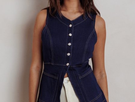 Philomena Button Front Pocket Vest Top Denim Hot on Sale