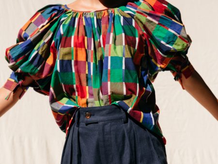 Juli Puff Sleeve Top - Rainbow Grid Cotton Cheap