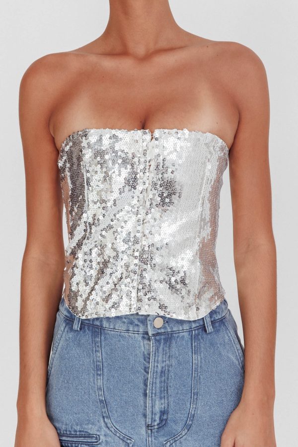 Belgium Strapless Lace-Up Back Top Sequin Silver For Discount