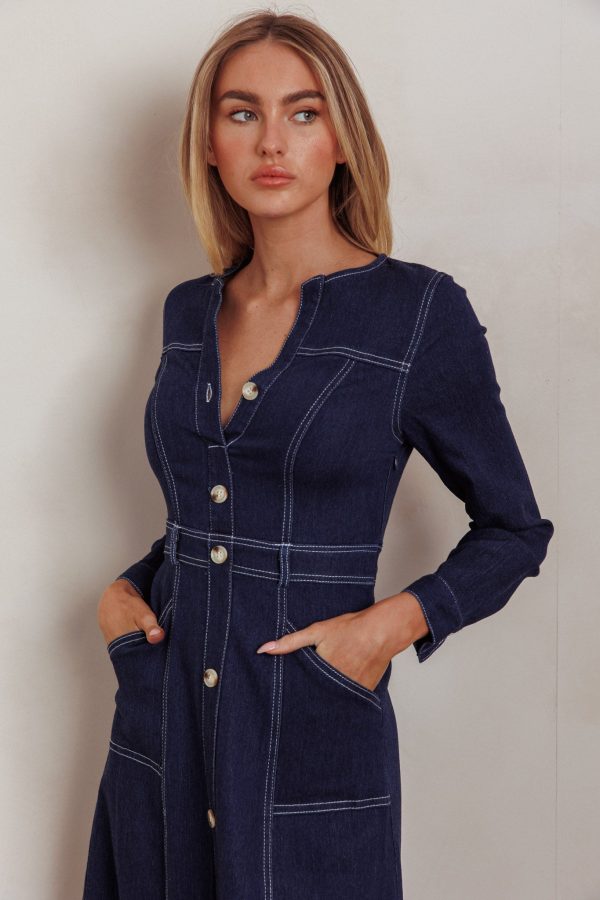 Aspen Love Front Pocket Long Sleeve Midi Dress Indigo For Sale