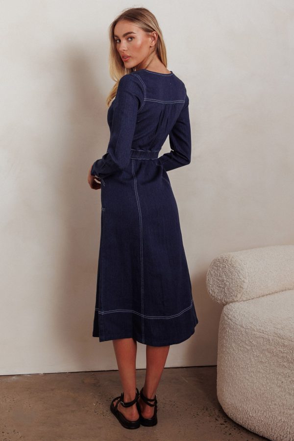 Aspen Love Front Pocket Long Sleeve Midi Dress Indigo For Sale