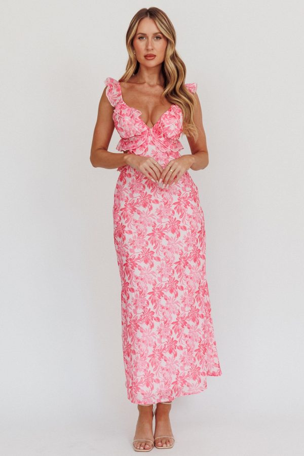 Second Chances Ruffle Trim Maxi Dress Floral Pink For Discount