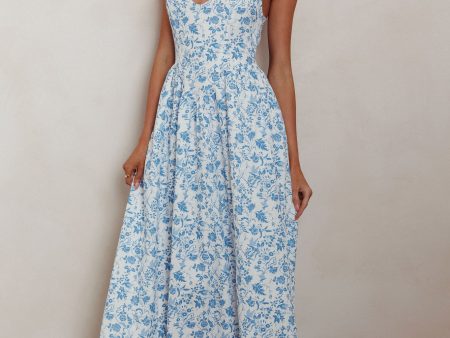 Enchanted Leaf Floral Print A-Line Maxi Dress Blue Fashion