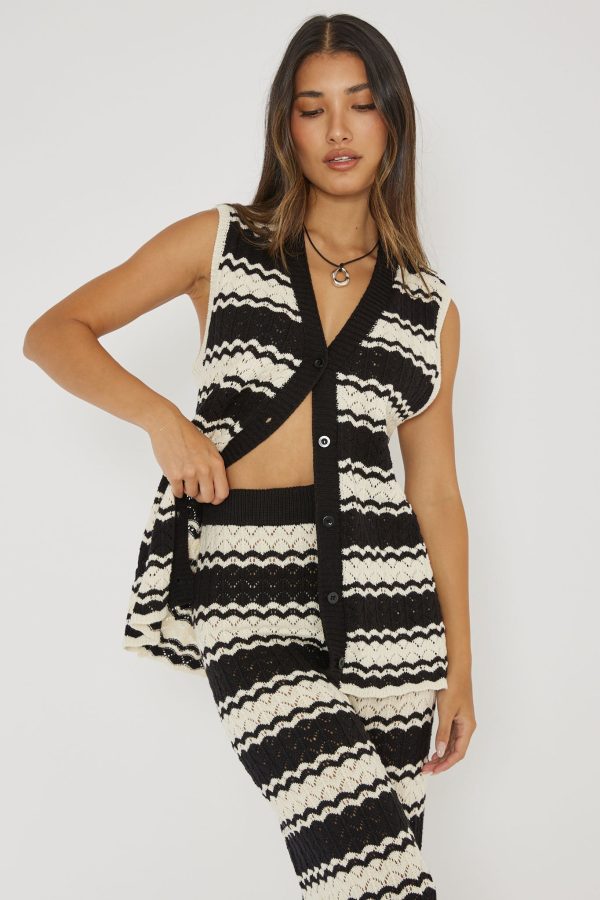 Maysah Button-Up Crochet Top Black White Supply