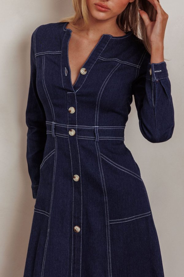 Aspen Love Front Pocket Long Sleeve Midi Dress Indigo For Sale