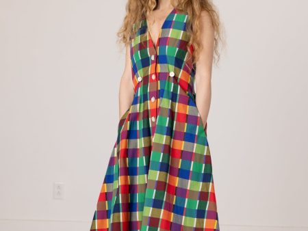 Sleeveless Baroness  Dress - Rainbow Grid Cotton Cheap