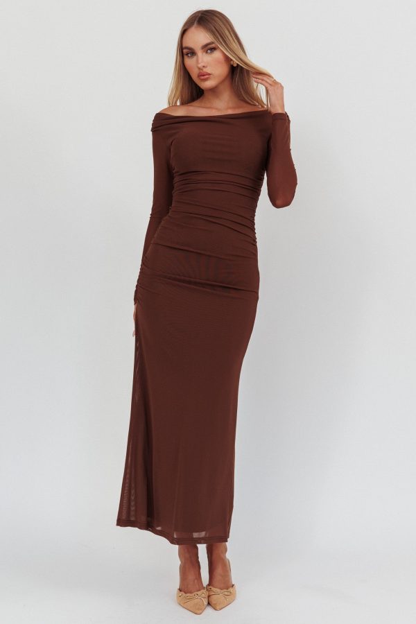 In Blooms Off Shoulder Mesh Maxi Dress Chocolate Cheap