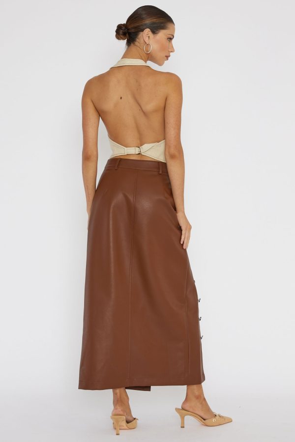 Angelica Button-Up Faux Leather Midi Skirt Brown For Cheap