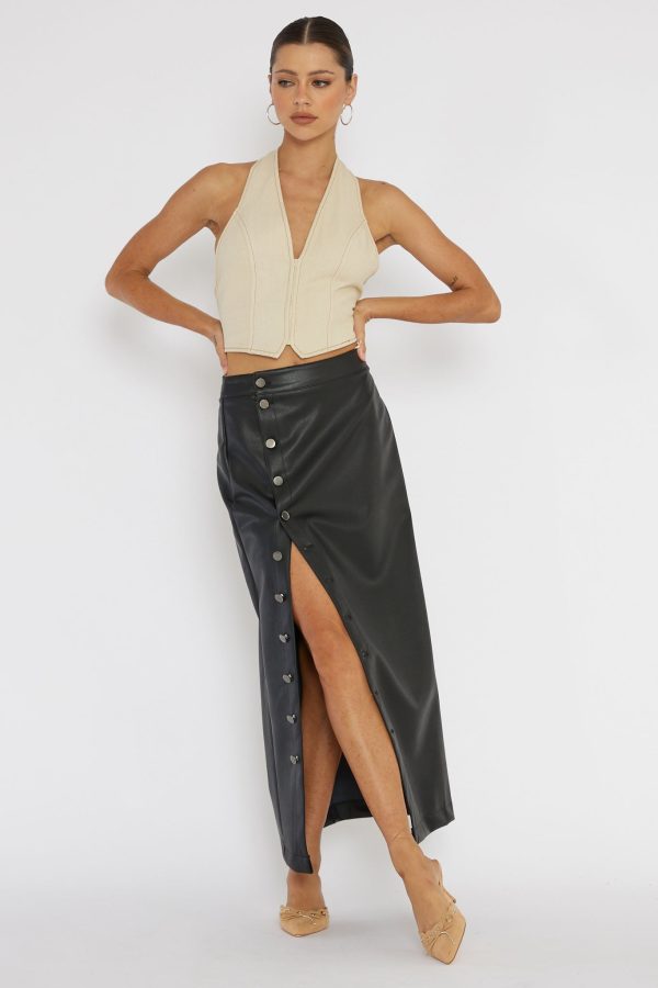 Angelica Button-Up Faux Leather Midi Skirt Black Online now