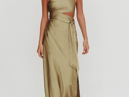 Abloom One Shoulder Satin Maxi Dress Khaki on Sale