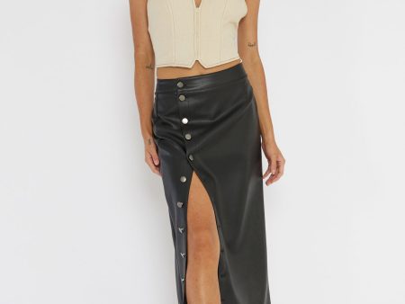 Angelica Button-Up Faux Leather Midi Skirt Black Online now