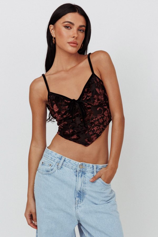 Caught Feelings Floral Velour Crop Top Black Brown Online Sale