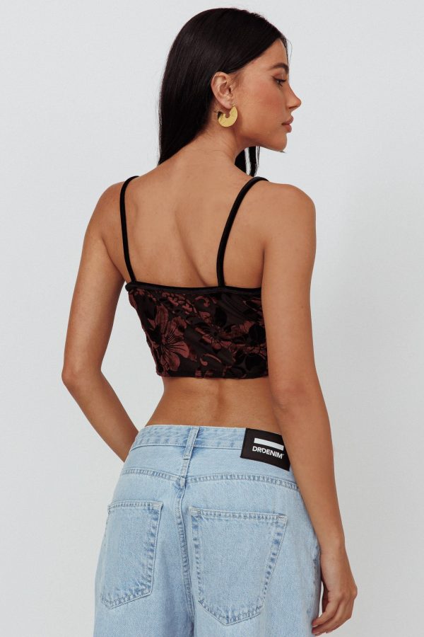 Caught Feelings Floral Velour Crop Top Black Brown Online Sale