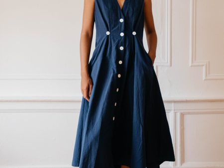 Sleeveless Baroness  Dress - Navy Online now