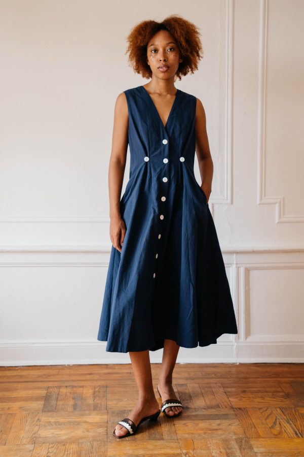 Sleeveless Baroness  Dress - Navy Online now