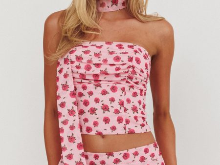 Charise Strapless Neck Tie Top Roses Pink Hot on Sale