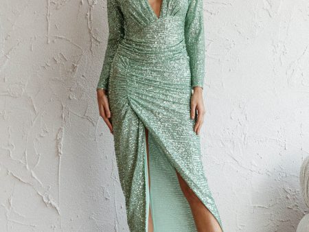 Adele Long Sleeve Sequin Maxi Dress Mint For Sale