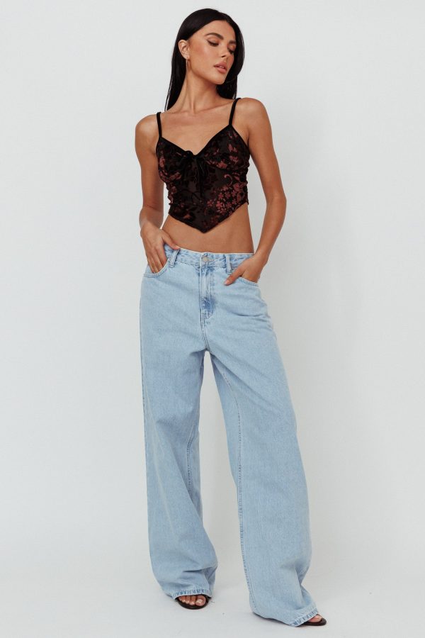 Caught Feelings Floral Velour Crop Top Black Brown Online Sale